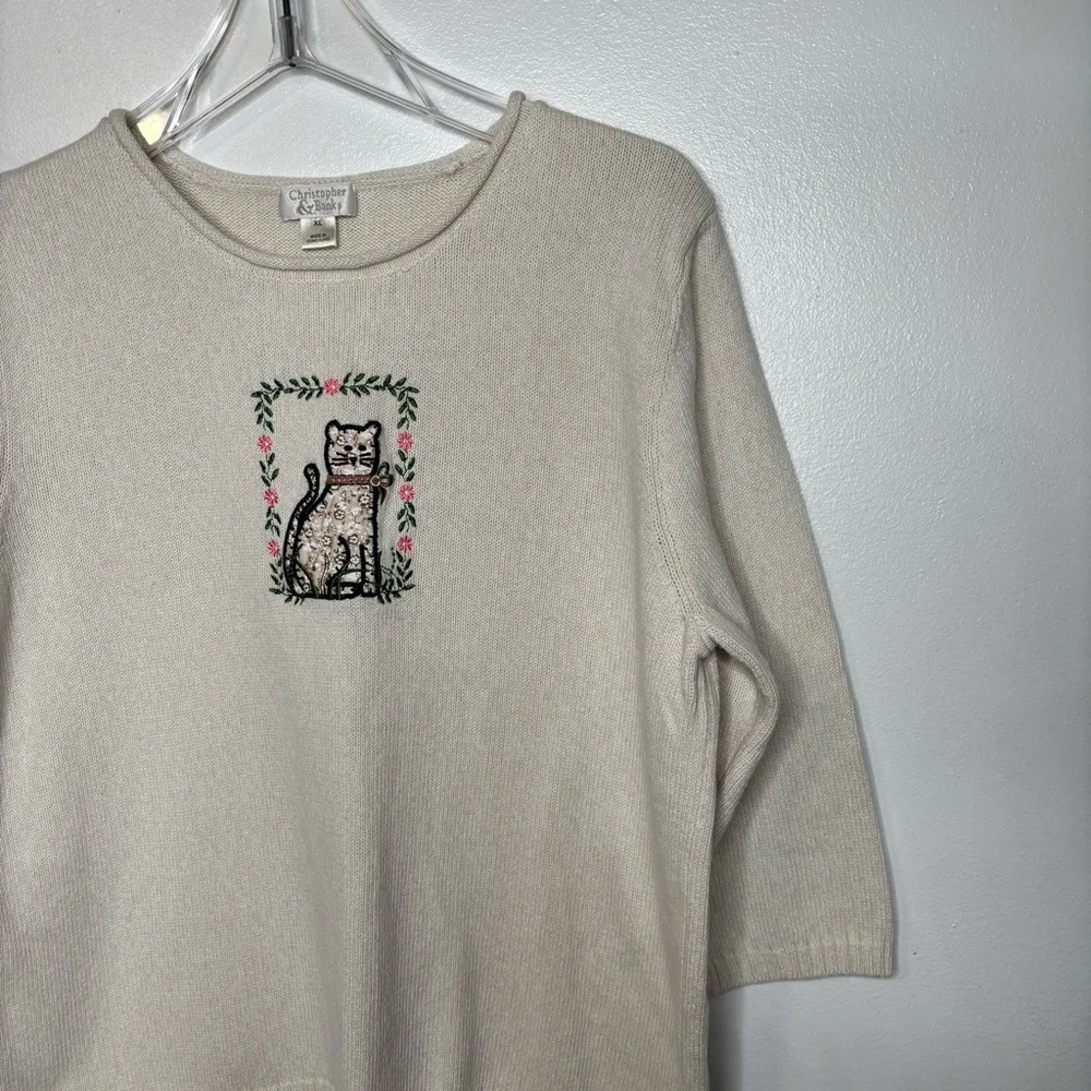 Christopher & Banks Y2K Embroidered Cat Cotton Sweater Size XL